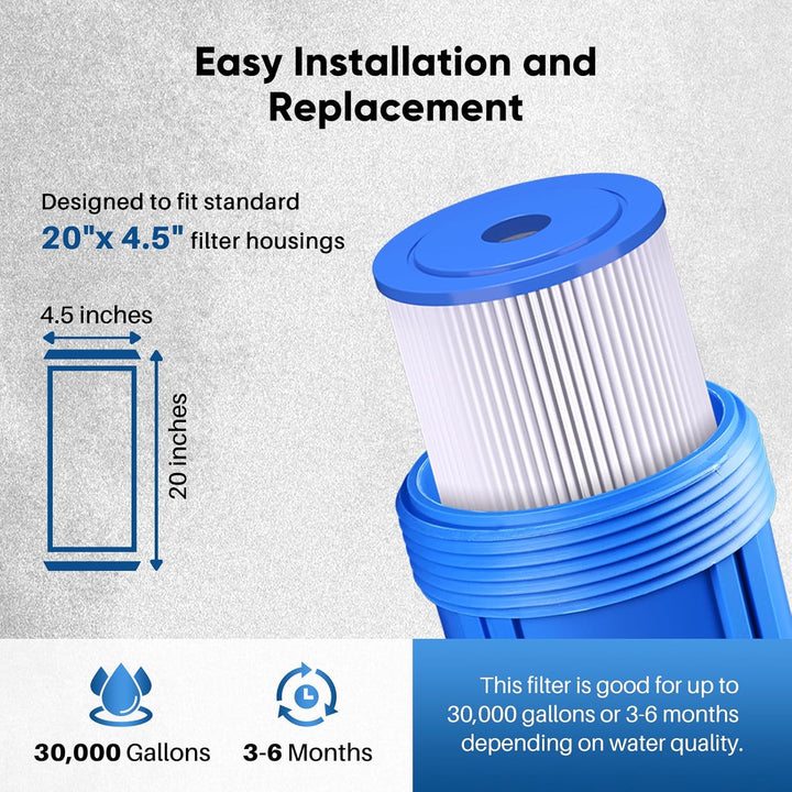 PUREPLUS 20" x 4.5" Whole House Pleated Sediment Filter for Well Water, Replacement Cartridge for ECP5 - BB, AP810 - 2, HDC3001, SPC - 45 - 1005, CP5 - BB, ECP1 - 20BB, 2Pack - Just Closeouts Canada Inc.