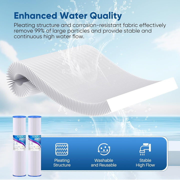 PUREPLUS 20" x 4.5" Whole House Pleated Sediment Filter for Well Water, Replacement Cartridge for ECP5 - BB, AP810 - 2, HDC3001, SPC - 45 - 1005, CP5 - BB, ECP1 - 20BB, 2Pack - Just Closeouts Canada Inc.