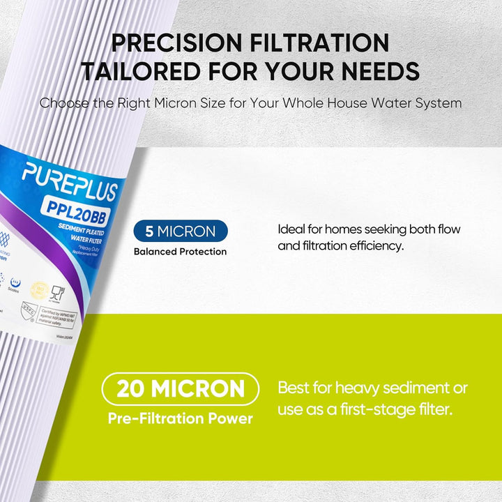PUREPLUS 20" x 4.5" Whole House Pleated Sediment Filter for Well Water, Replacement Cartridge for ECP5 - BB, AP810 - 2, HDC3001, SPC - 45 - 1005, CP5 - BB, ECP1 - 20BB, 2Pack - Just Closeouts Canada Inc.