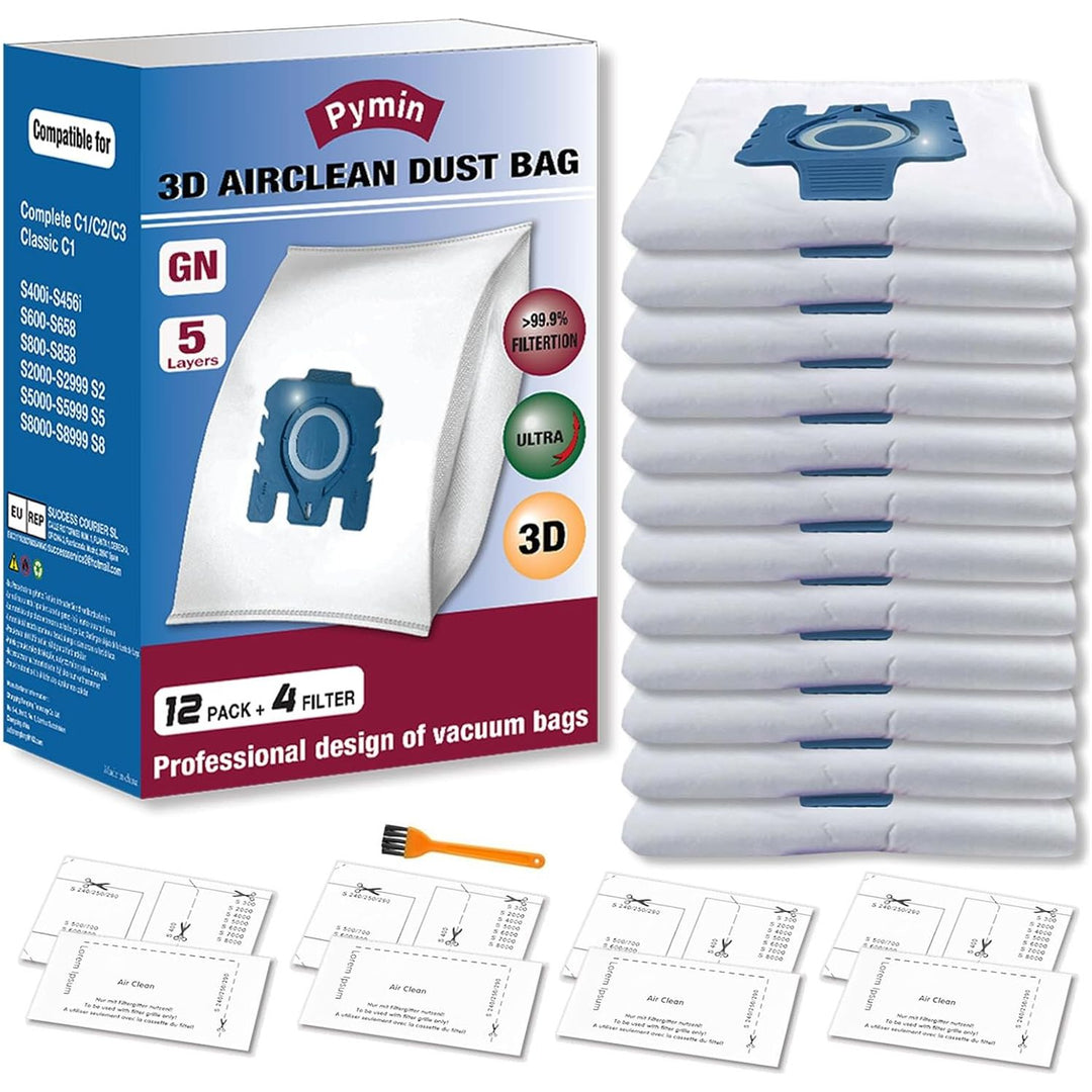 Pymin 12 Pack GN Vacuum Dust Bags Compatible with Miele Hoover Bags,3D Efficiency GN Vacuum Bags for Classic C1,Complete C2 C3, S227 S240, S270, S400, S600, S800,S2, S5, S8 Series(12 Bags+4 Filters) - Just Closeouts Canada Inc.