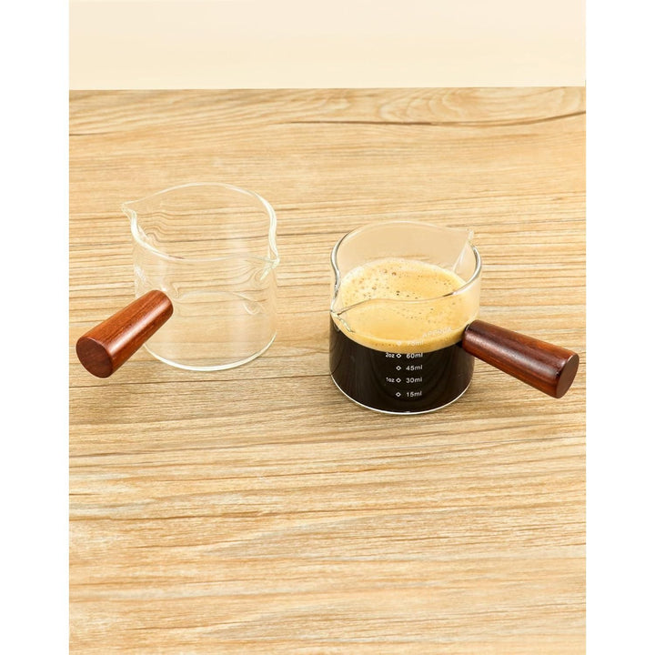 QWORK Double Spouts Measuring Milk Cup, 2 Pack 75ML Espresso Shot Glass with Wood Handle, Measuring Triple Pitcher - Just Closeouts Canada Inc.
