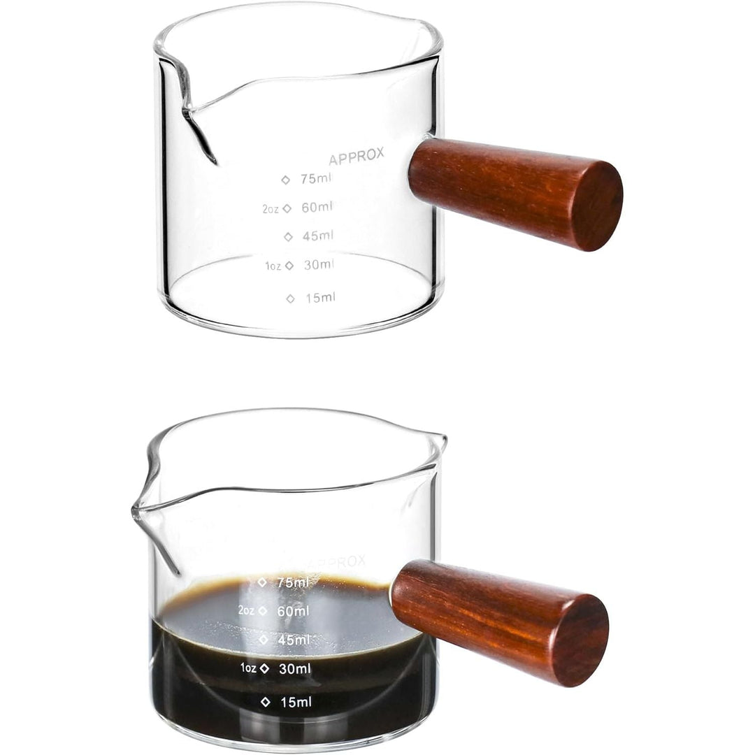 QWORK Double Spouts Measuring Milk Cup, 2 Pack 75ML Espresso Shot Glass with Wood Handle, Measuring Triple Pitcher - Just Closeouts Canada Inc.