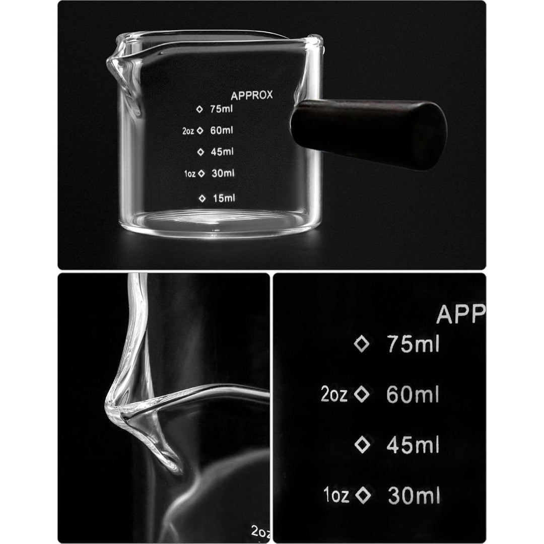 QWORK Double Spouts Measuring Milk Cup, 2 Pack 75ML Espresso Shot Glass with Wood Handle, Measuring Triple Pitcher - Just Closeouts Canada Inc.