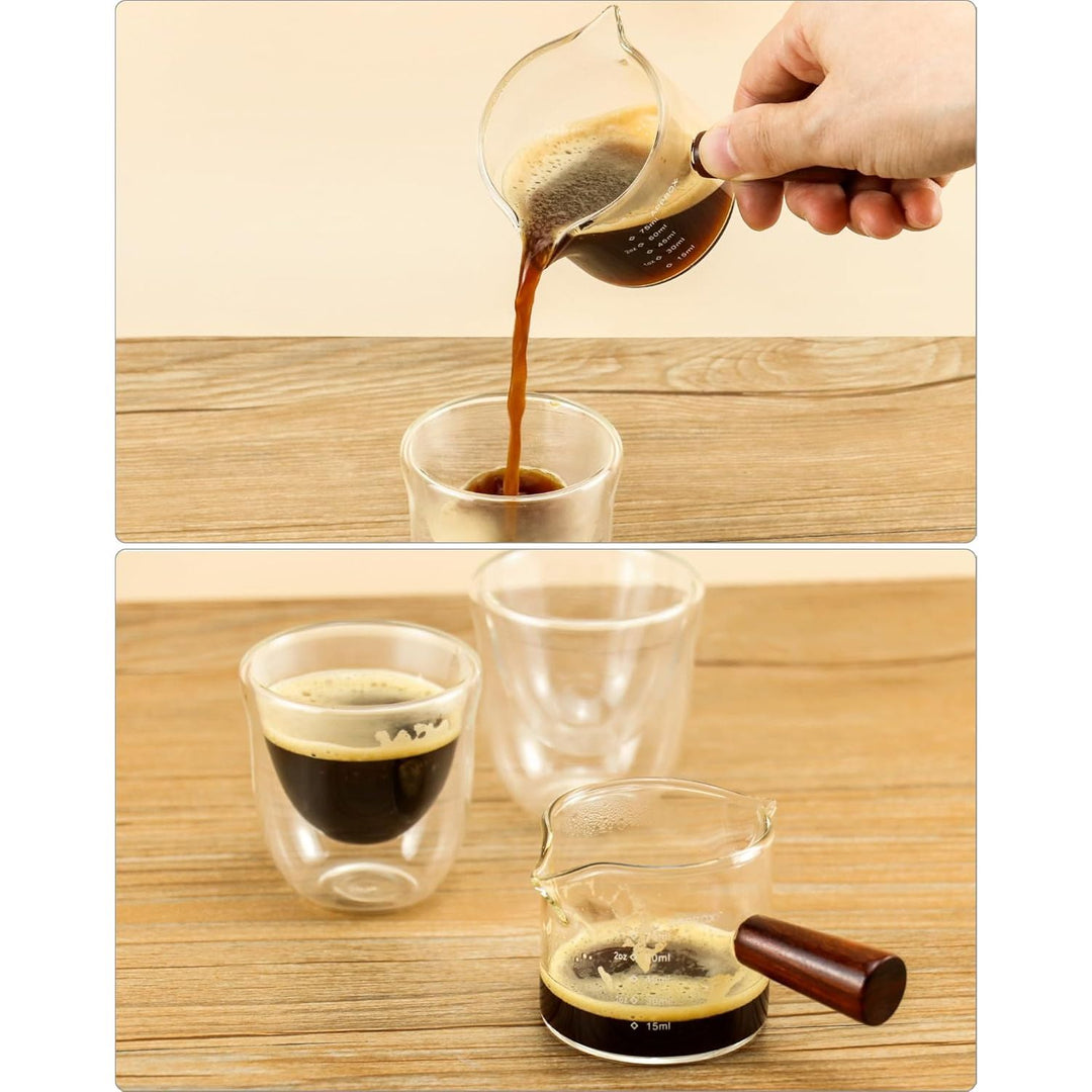 QWORK Double Spouts Measuring Milk Cup, 2 Pack 75ML Espresso Shot Glass with Wood Handle, Measuring Triple Pitcher - Just Closeouts Canada Inc.