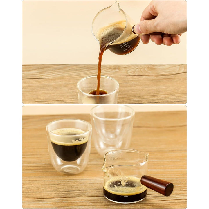 QWORK Double Spouts Measuring Milk Cup, 2 Pack 75ML Espresso Shot Glass with Wood Handle, Measuring Triple Pitcher - Just Closeouts Canada Inc.