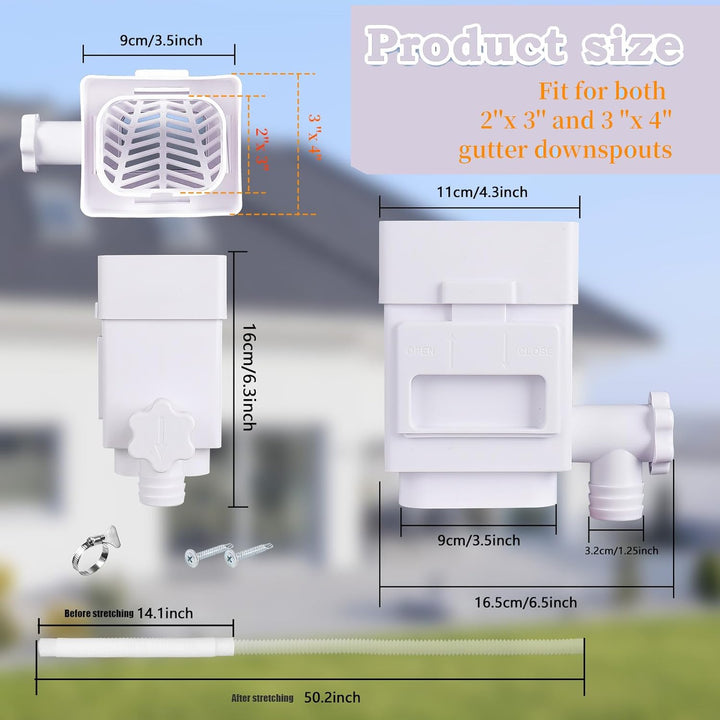 Rain Barrel Diverter Kit, Downspout Diverter Fits for 2"x 3" or 3"x 4" Standard Downspout, Rainwater Collection System with Adjustable Valve and Filter,5ft Hose(White) - Just Closeouts Canada Inc.
