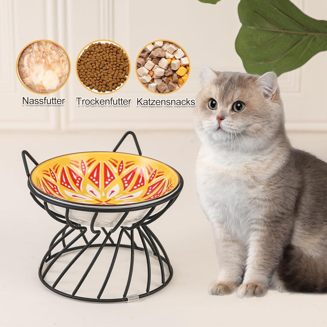 Raised Ceramic Cat Food Bowl - Elevated Cat Dish with Anti Slip Stand - Wide Shallow Cat Bowl Whisker Friendly - Cute Cat Plate - Cat Feeding Bowls - Microwave and Dishwasher Safe - 8.5 oz - 5.75 inch 37 - Just Closeouts Canada Inc.