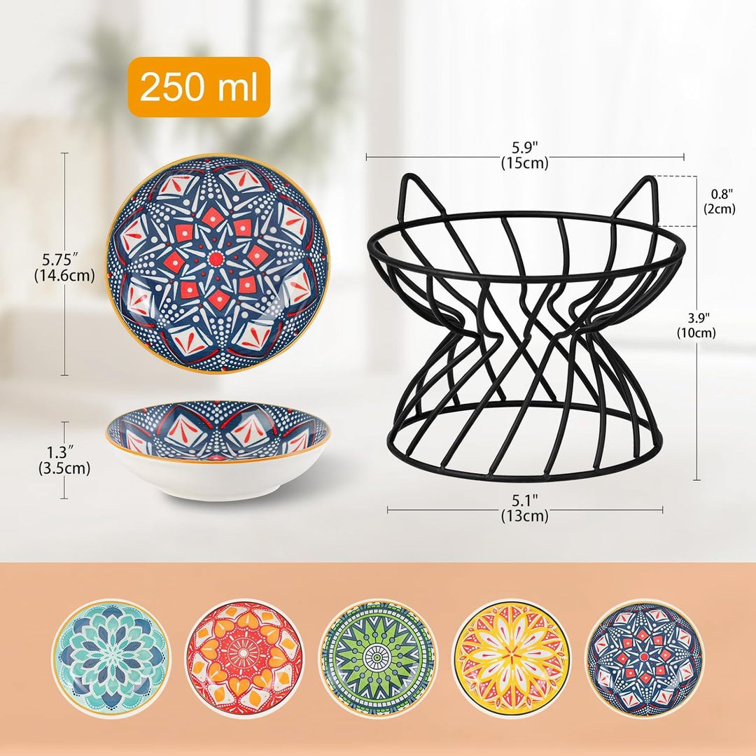 Raised Ceramic Cat Food Bowl - Elevated Cat Dish with Anti Slip Stand - Wide Shallow Cat Bowl Whisker Friendly - Cute Cat Plate - Cat Feeding Bowls - Microwave and Dishwasher Safe - 8.5 oz - 5.75 inch 37 - Just Closeouts Canada Inc.