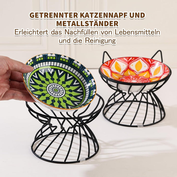 Raised Ceramic Cat Food Bowl - Elevated Cat Dish with Anti Slip Stand - Wide Shallow Cat Bowl Whisker Friendly - Cute Cat Plate - Cat Feeding Bowls - Microwave and Dishwasher Safe - 8.5 oz - 5.75 inch 37 - Just Closeouts Canada Inc.