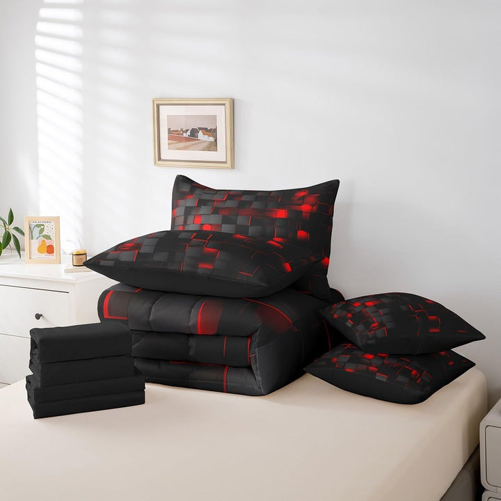 Red and Black Bedding Set Full Size Light Geometric Comforter Set with Sheets 7 Piece for Kids Boys Decor Bed in a Bag Modern Bed Set - Just Closeouts Canada Inc.X004YEH81X