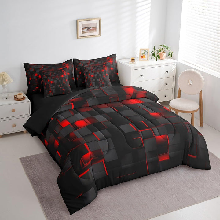 Red and Black Bedding Set Full Size Light Geometric Comforter Set with Sheets 7 Piece for Kids Boys Decor Bed in a Bag Modern Bed Set - Just Closeouts Canada Inc.X004YEH81X