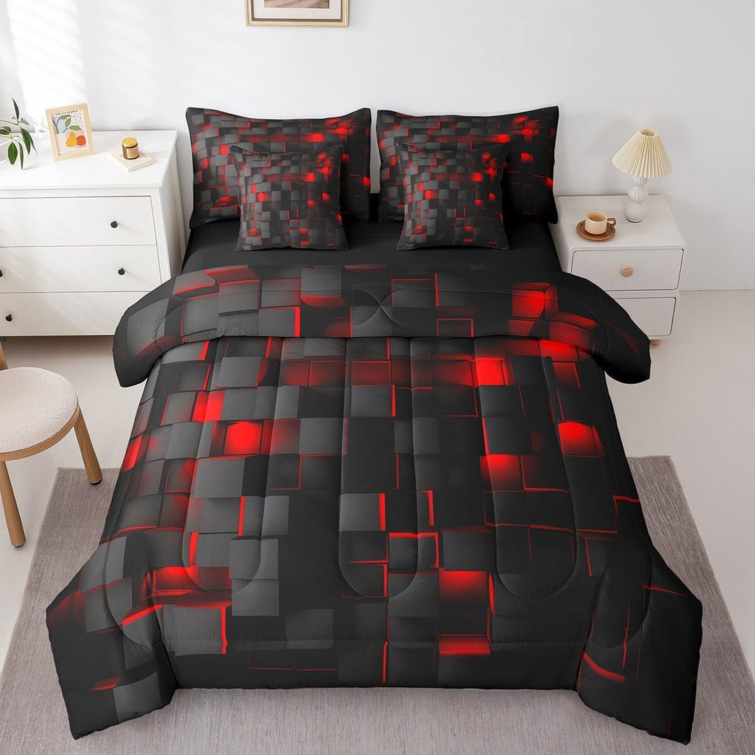 Red and Black Bedding Set Full Size Light Geometric Comforter Set with Sheets 7 Piece for Kids Boys Decor Bed in a Bag Modern Bed Set - Just Closeouts Canada Inc.X004YEH81X