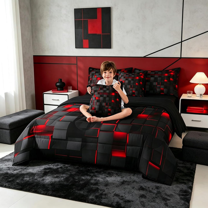 Red & Black Geometric Comforter & Sheet Set, Queen, 7-Piece - Just Closeouts Canada Inc.X004YEBQC5