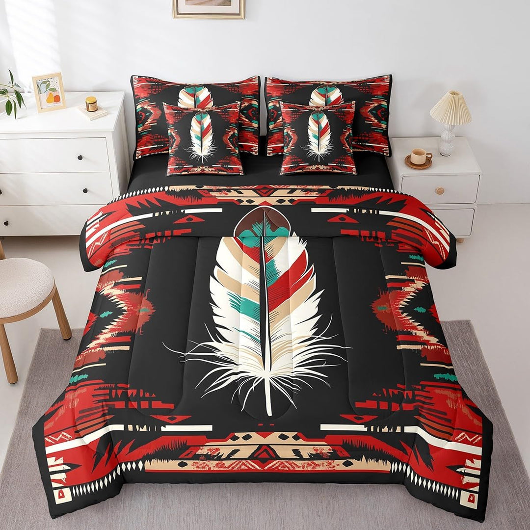 Red & Black Southwestern Feather Full 7-Piece Bedding Set - Just Closeouts Canada Inc.X004OOJ9UV