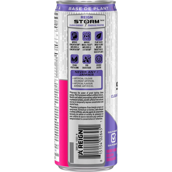 Reign Storm Harvest Grape Clean Energy Drink, Zero Sugar, Plant - Based, Vegan, 355ml x12 - Just Closeouts Canada Inc.815154026451