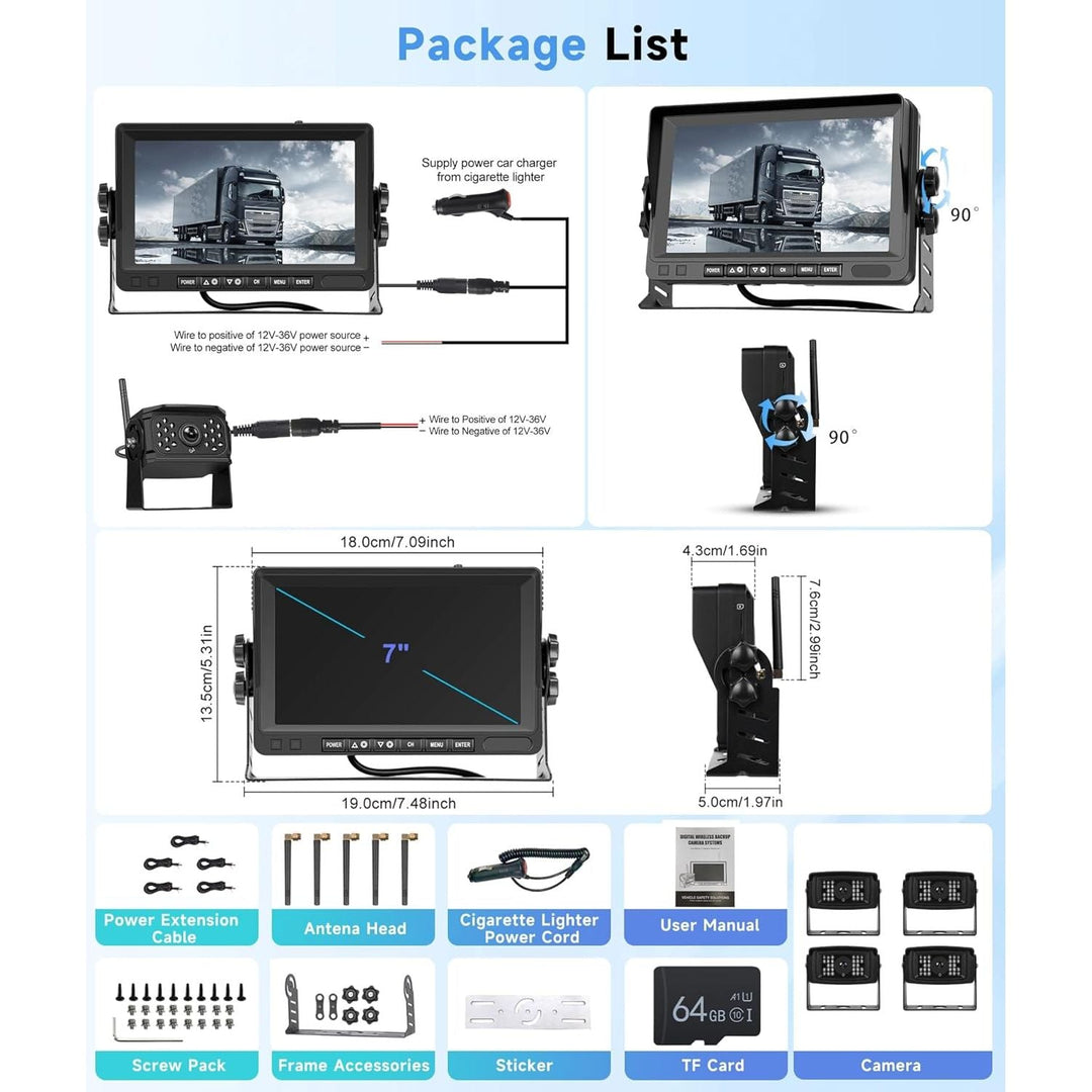 Rimoody Wireless RV Backup Camera with Waterproof 4 Cameras, Night Vision?HD 7" IPS 4 Split Screen Monitor, Digital Signals, Includes 64G Card for Truck, Trailer, Motorhome, Bus, DVR Loop Recording - Just Closeouts Canada Inc.