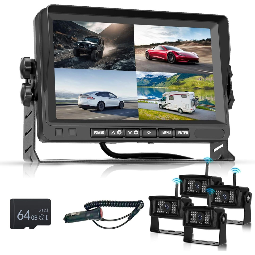 Rimoody Wireless RV Backup Camera with Waterproof 4 Cameras, Night Vision?HD 7" IPS 4 Split Screen Monitor, Digital Signals, Includes 64G Card for Truck, Trailer, Motorhome, Bus, DVR Loop Recording - Just Closeouts Canada Inc.