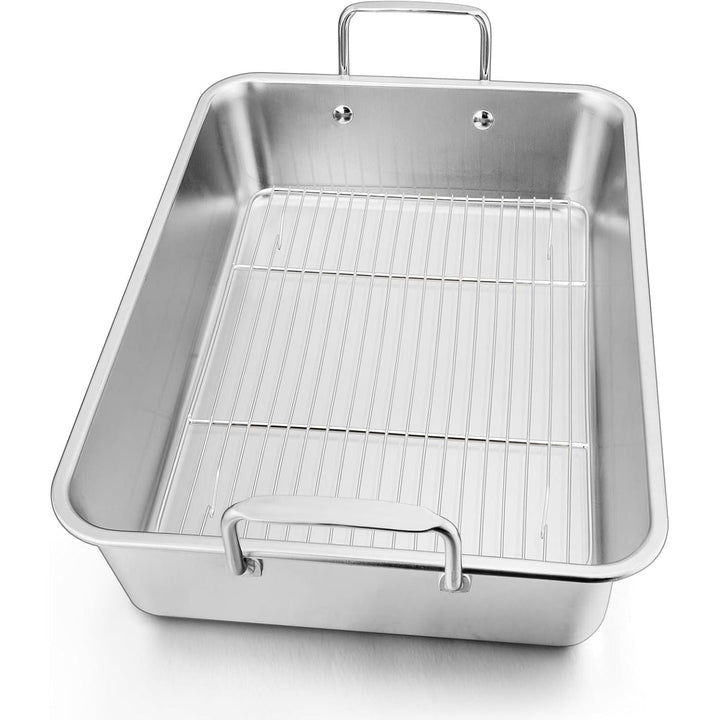 Roasting Pan with Rack, 14 Inch Turkey Roasting Pan & Cooling Rack, Stainless Steel Baking Pans Non Stick Roaster Pan with Wire Rack for Cooking Ham, Chicken, Cake, Lasagna, Casserole - Just Closeouts Canada Inc.