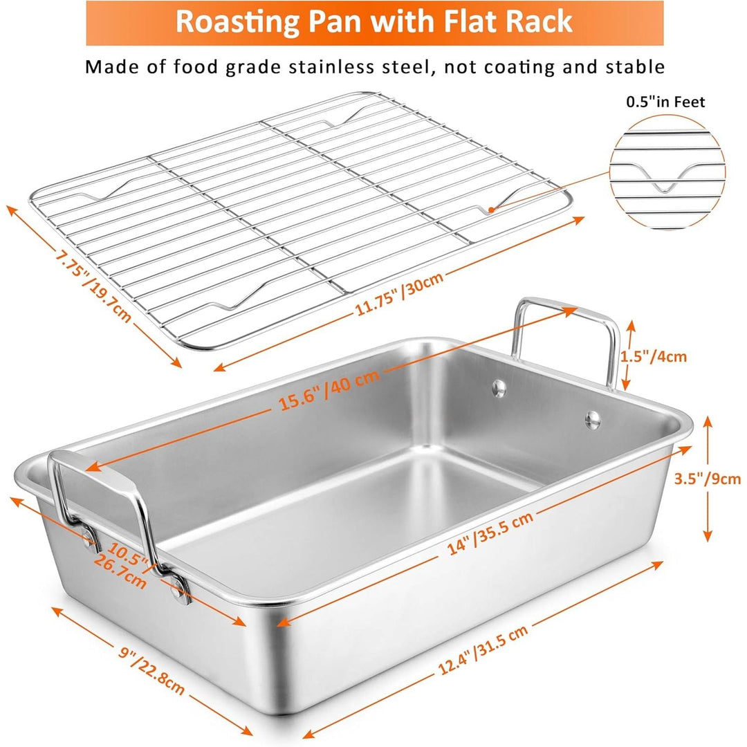 Roasting Pan with Rack, 14 Inch Turkey Roasting Pan & Cooling Rack, Stainless Steel Baking Pans Non Stick Roaster Pan with Wire Rack for Cooking Ham, Chicken, Cake, Lasagna, Casserole - Just Closeouts Canada Inc.