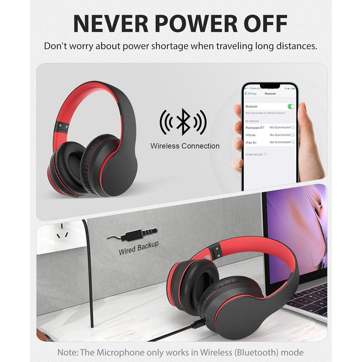 Rockpapa E7 Wireless Headphones Over Ear, Kids Bluetooth Head Phones with Microphone, Foldable Hi - Fi Stereo, Wireless Wired Headphone for Phone/PC/TV, Include Travel Case, Black Red - Just Closeouts Canada Inc.