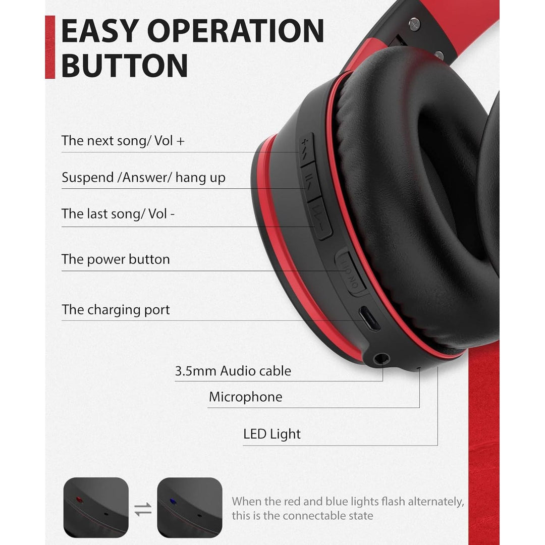Rockpapa E7 Wireless Headphones Over Ear, Kids Bluetooth Head Phones with Microphone, Foldable Hi - Fi Stereo, Wireless Wired Headphone for Phone/PC/TV, Include Travel Case, Black Red - Just Closeouts Canada Inc.