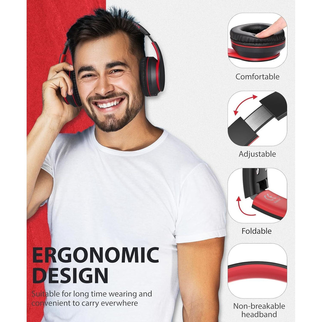 Rockpapa E7 Wireless Headphones Over Ear, Kids Bluetooth Head Phones with Microphone, Foldable Hi - Fi Stereo, Wireless Wired Headphone for Phone/PC/TV, Include Travel Case, Black Red - Just Closeouts Canada Inc.
