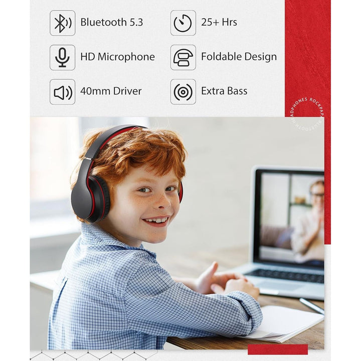 Rockpapa E7 Wireless Headphones Over Ear, Kids Bluetooth Head Phones with Microphone, Foldable Hi - Fi Stereo, Wireless Wired Headphone for Phone/PC/TV, Include Travel Case, Black Red - Just Closeouts Canada Inc.