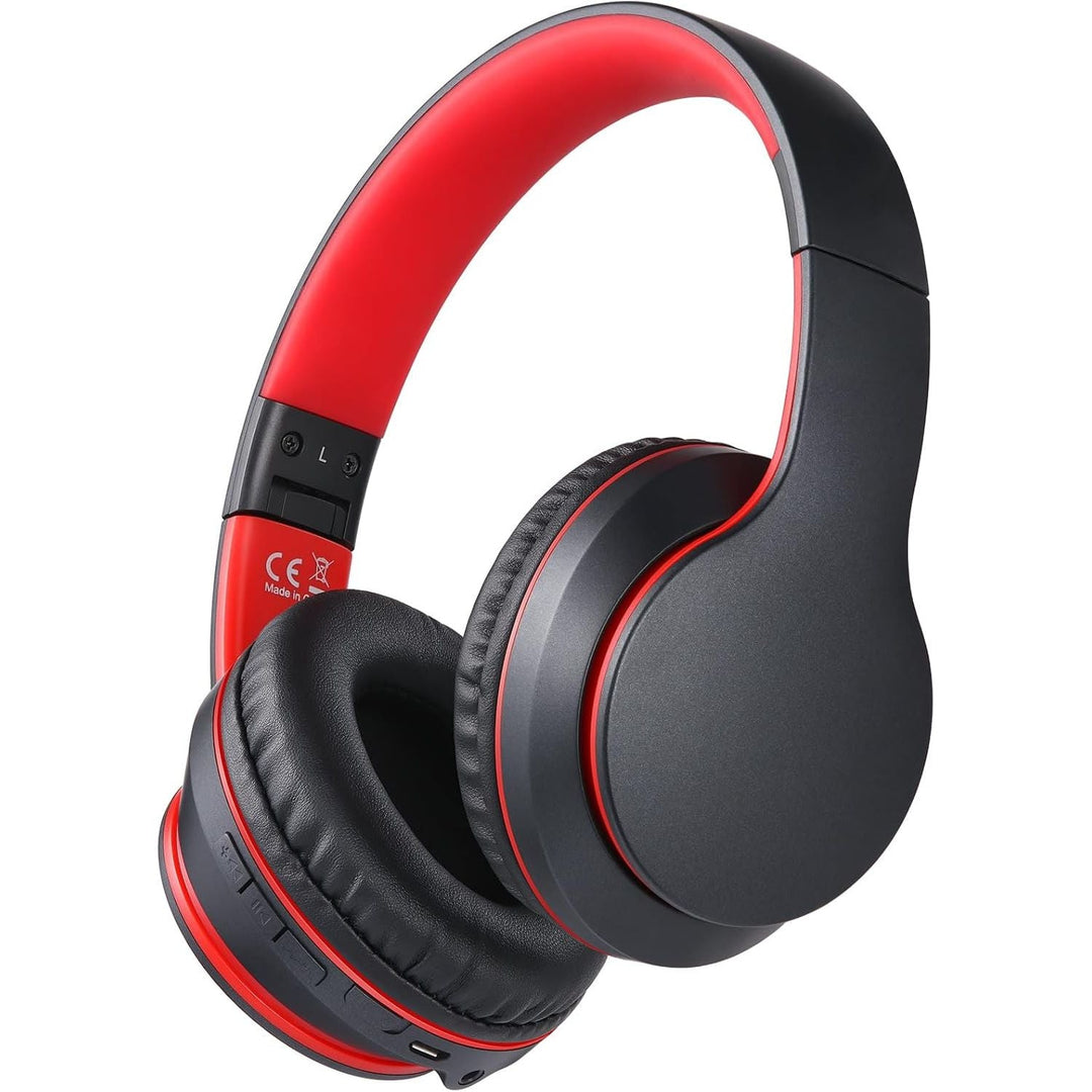 Rockpapa E7 Wireless Headphones Over Ear, Kids Bluetooth Head Phones with Microphone, Foldable Hi - Fi Stereo, Wireless Wired Headphone for Phone/PC/TV, Include Travel Case, Black Red - Just Closeouts Canada Inc.