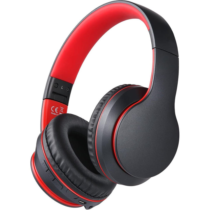 Rockpapa E7 Wireless Headphones Over Ear, Kids Bluetooth Head Phones with Microphone, Foldable Hi - Fi Stereo, Wireless Wired Headphone for Phone/PC/TV, Include Travel Case, Black Red - Just Closeouts Canada Inc.