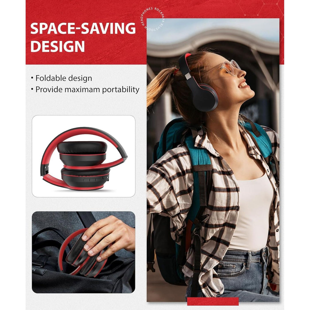 Rockpapa E7 Wireless Headphones Over Ear, Kids Bluetooth Head Phones with Microphone, Foldable Hi - Fi Stereo, Wireless Wired Headphone for Phone/PC/TV, Include Travel Case, Black Red - Just Closeouts Canada Inc.