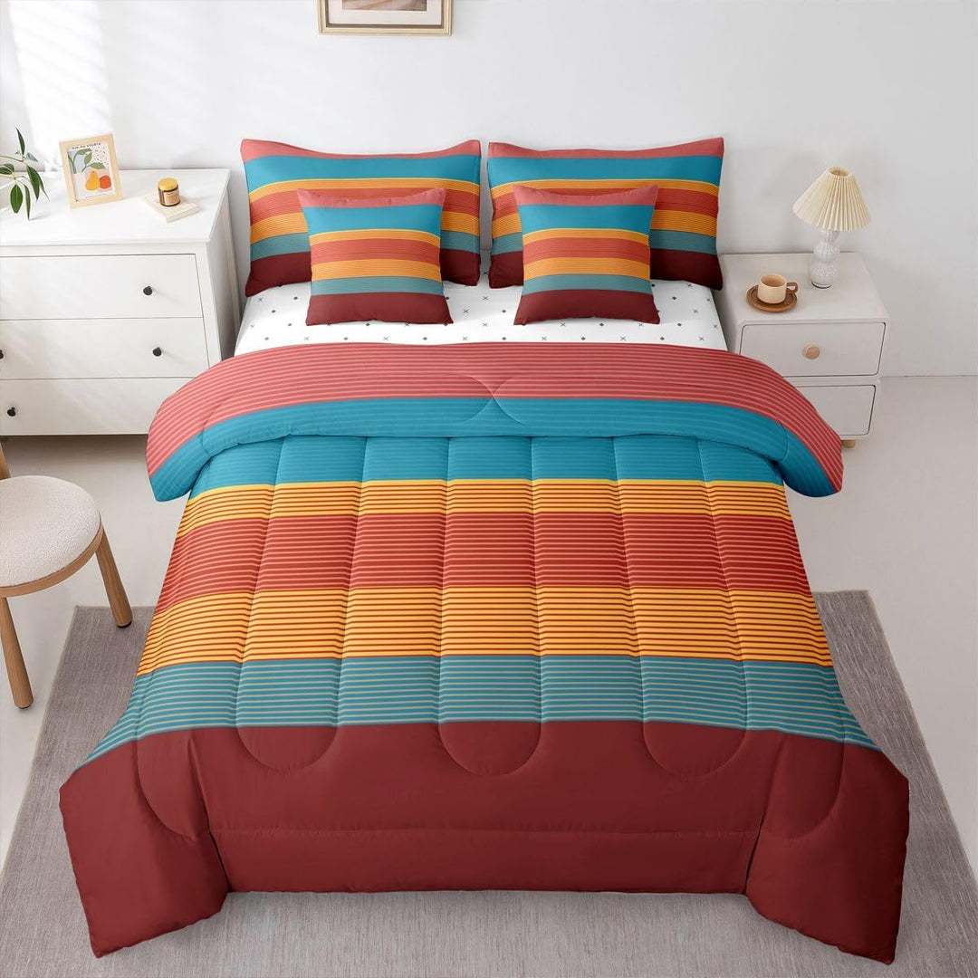 Rose Red, Blue & Orange Striped Twin 7-Piece Bedding Set - Just Closeouts Canada Inc.X004YEBQ8J