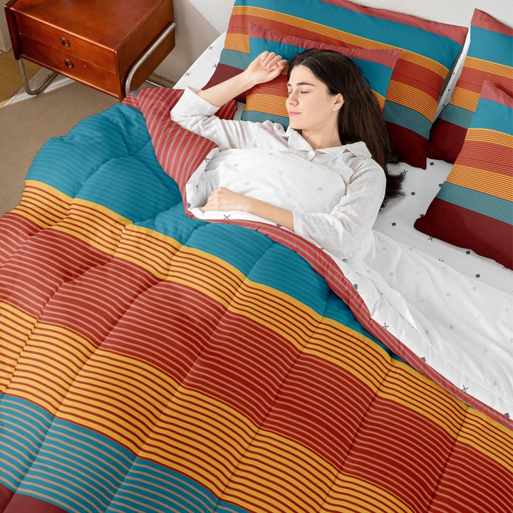 Rose Red, Blue & Orange Striped Twin 7-Piece Bedding Set - Just Closeouts Canada Inc.X004YEBQ8J