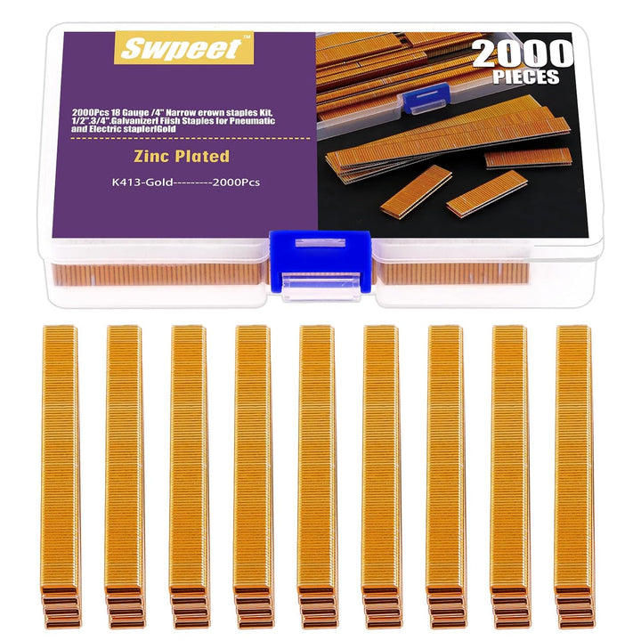 K413 18-gauge gold narrow crown staples and storage box