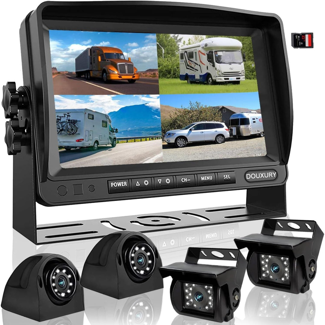 RV Backup Camera System with 7'' Quad Split 1080P Monitor for Truck Trailer Semi Camper Bus & 4 AHD Rear Side View Camera with DVR Record Function IP69 Waterproof Night Vision Avoid Blind Spot DOUXURY - Just Closeouts Canada Inc.