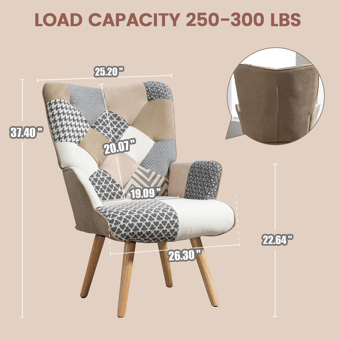 SAETSFEG Accent Plaid Chairs for Living Room, Upholstered Cozy Comfy Mid Century Arm Chair with High Back, Adults Boho Patchwork Armchair for Small Spaces, Bedroom, Grey - Just Closeouts Canada Inc.