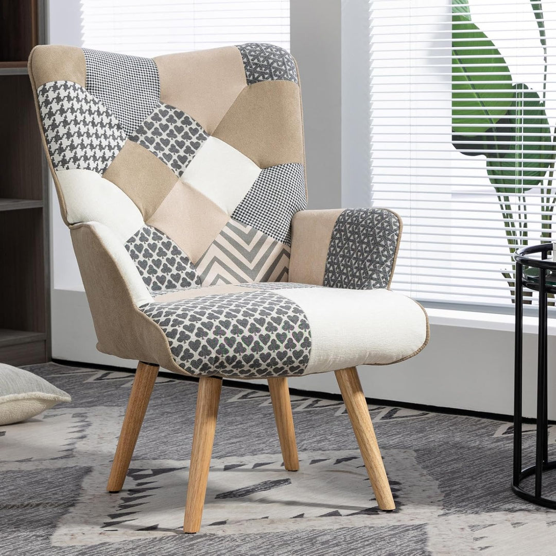 SAETSFEG Accent Plaid Chairs for Living Room, Upholstered Cozy Comfy Mid Century Arm Chair with High Back, Adults Boho Patchwork Armchair for Small Spaces, Bedroom, Grey - Just Closeouts Canada Inc.