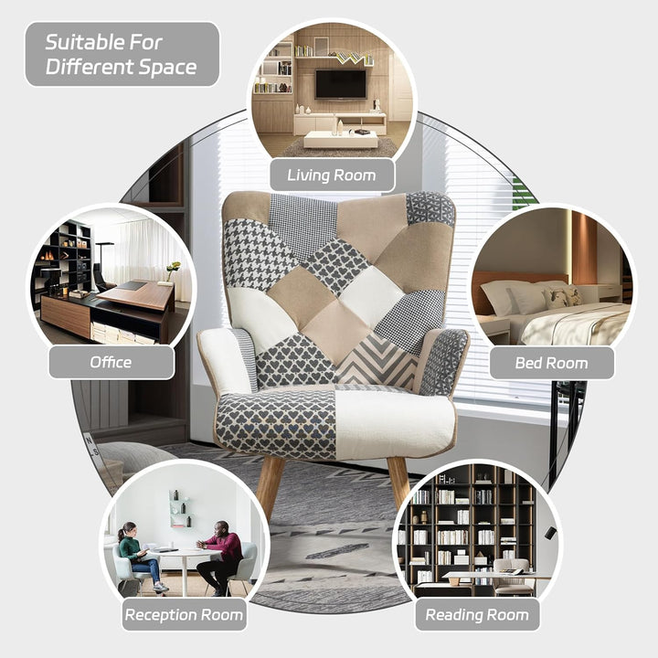 SAETSFEG Accent Plaid Chairs for Living Room, Upholstered Cozy Comfy Mid Century Arm Chair with High Back, Adults Boho Patchwork Armchair for Small Spaces, Bedroom, Grey - Just Closeouts Canada Inc.
