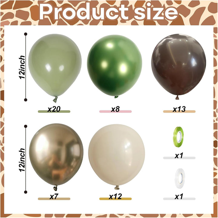 Sage Green Brown Safari Balloons, 60PCS Dusty Olive Green Coffee Beige Metallic Gold Eucalyptus Latex Balloon, Camo Army Hunting Balloons for Woodland Baby Shower Birthday Party Decorations Supplies - Just Closeouts Canada Inc.