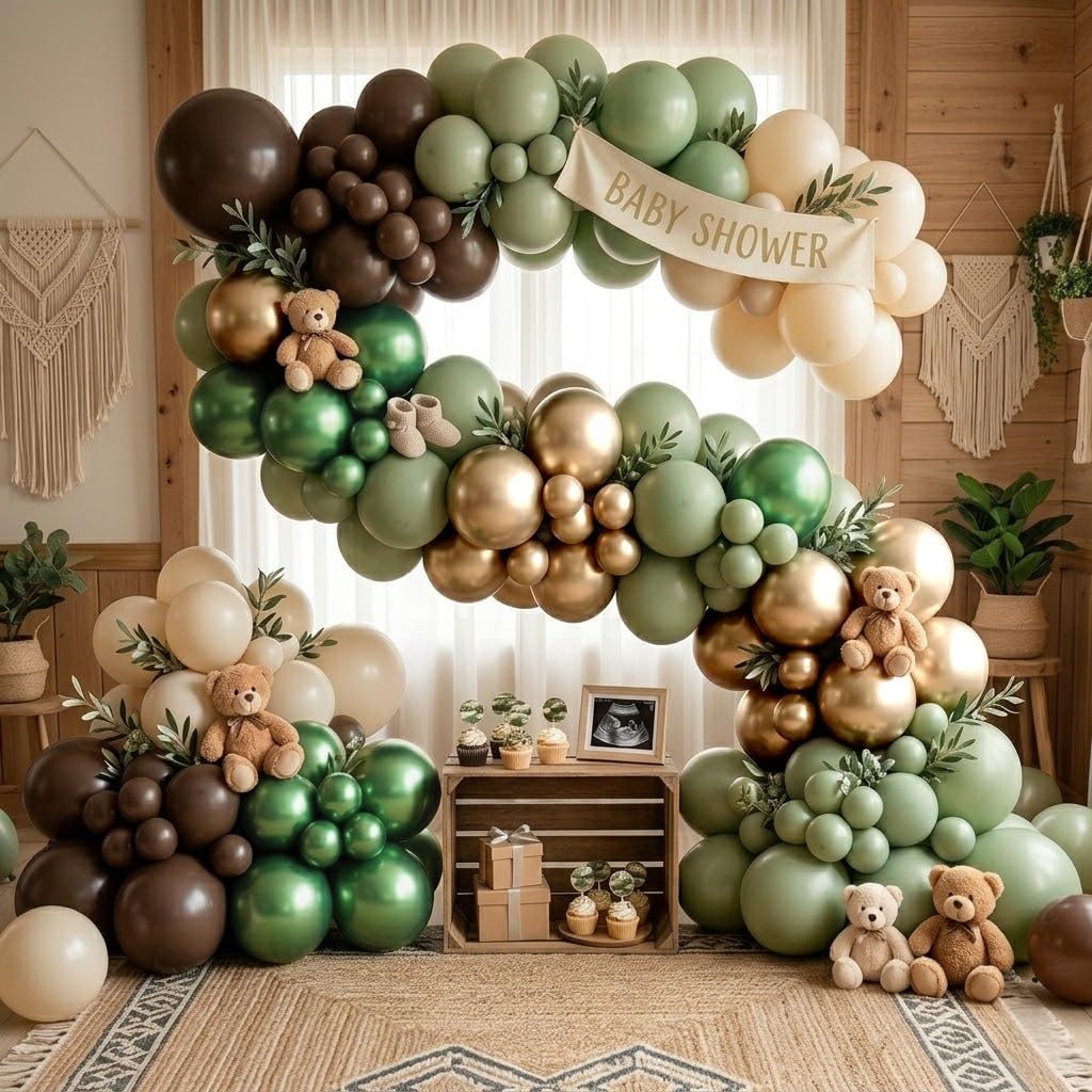 Sage Green Brown Safari Balloons, 60PCS Dusty Olive Green Coffee Beige Metallic Gold Eucalyptus Latex Balloon, Camo Army Hunting Balloons for Woodland Baby Shower Birthday Party Decorations Supplies - Just Closeouts Canada Inc.