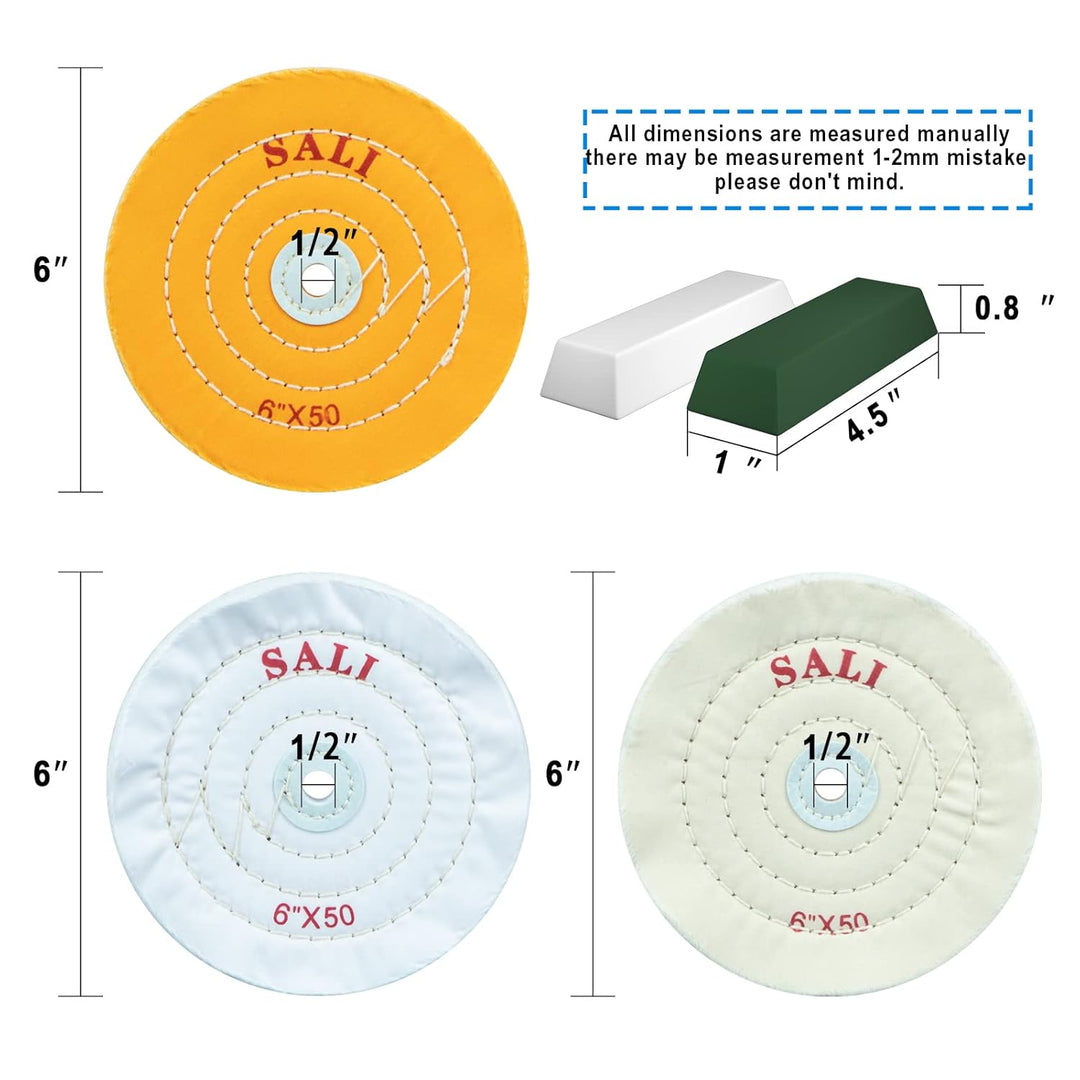 SALI 4 Pack Polishing Wheel for Bench Grinder 6" Buffing Wheel 2 *Yellow Cotton,1*White - Medium Cotton,1* White - Fine Cotton (50 Ply) for Buffer Polisher Pad 1/2'' Arbor Hole with Polishing Compound Kit - Just Closeouts Canada Inc.