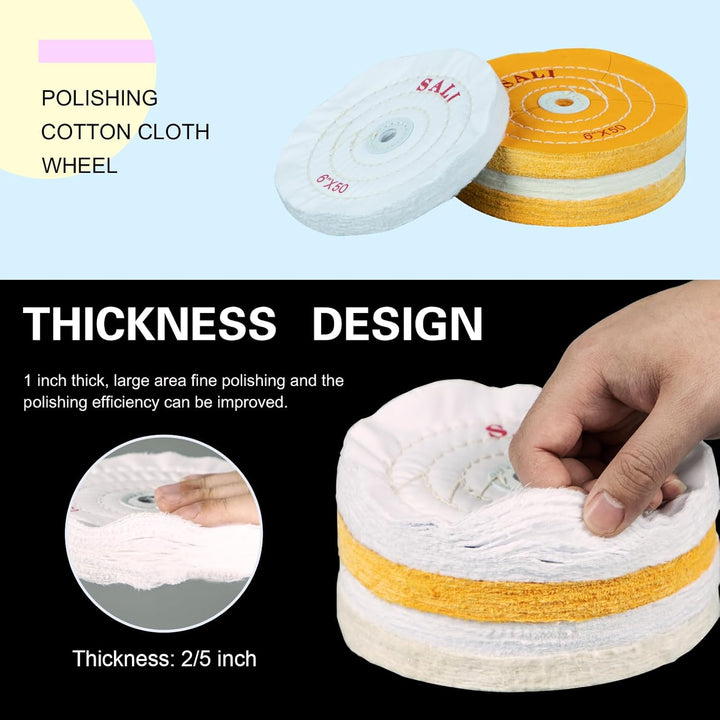 SALI 4 Pack Polishing Wheel for Bench Grinder 6" Buffing Wheel 2 *Yellow Cotton,1*White - Medium Cotton,1* White - Fine Cotton (50 Ply) for Buffer Polisher Pad 1/2'' Arbor Hole with Polishing Compound Kit - Just Closeouts Canada Inc.