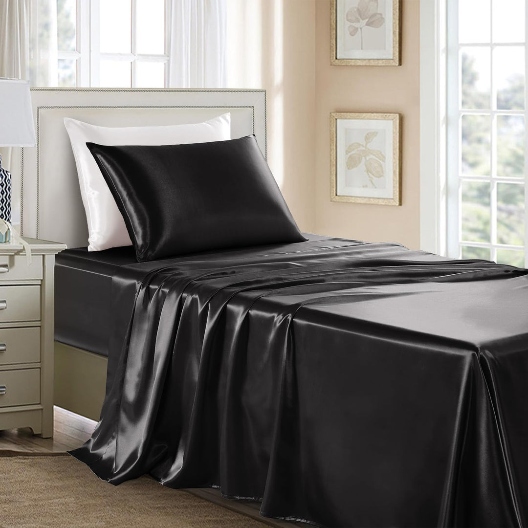 Satin Sheets Twin Size - 3 Pieces Luxury Silky Soft Bed Sheets, Wrinkle - Free Light Pink Satin Silk Sheet Set with 1 Deep Pocket Fitted Sheet, 1 Flat Sheet, 1 Pillow Case Black - Just Closeouts Canada Inc.