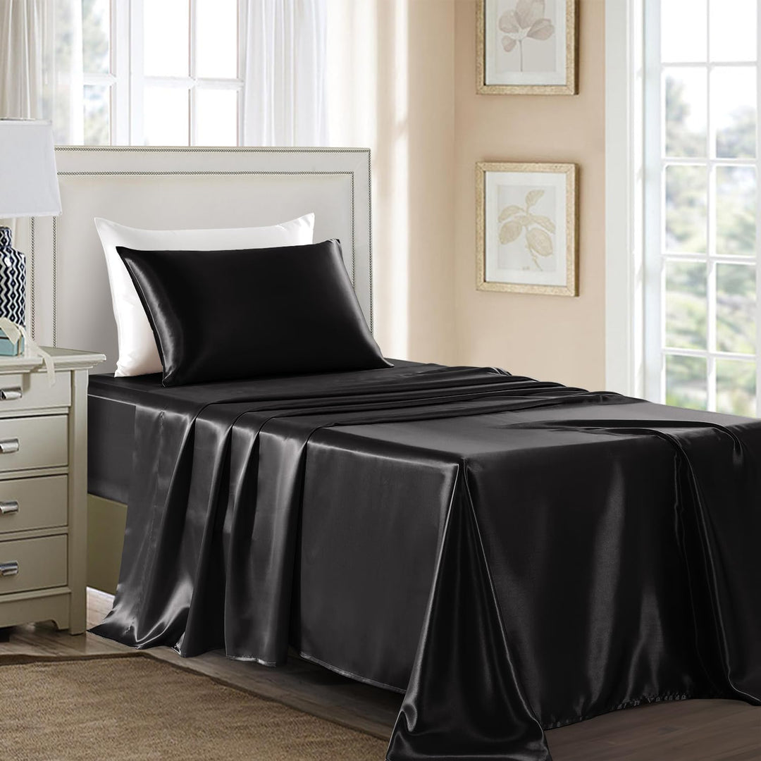 Satin Sheets Twin Size - 3 Pieces Luxury Silky Soft Bed Sheets, Wrinkle - Free Light Pink Satin Silk Sheet Set with 1 Deep Pocket Fitted Sheet, 1 Flat Sheet, 1 Pillow Case Black - Just Closeouts Canada Inc.