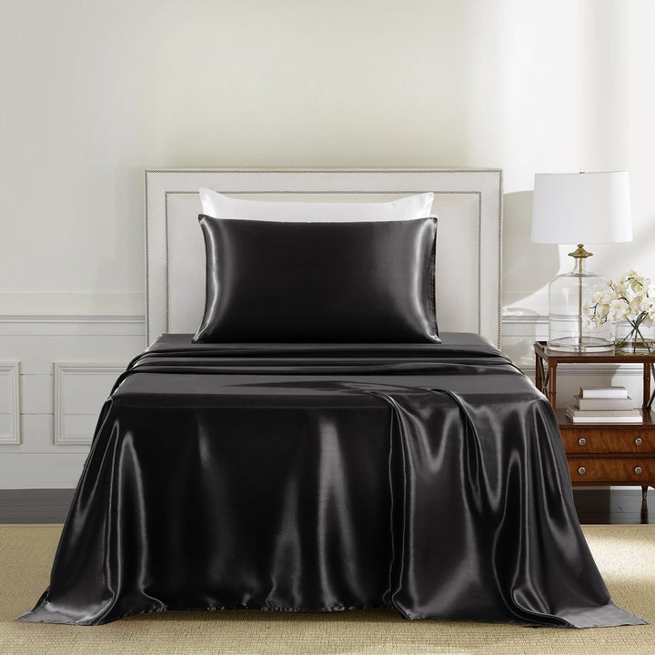 Satin Sheets Twin Size - 3 Pieces Luxury Silky Soft Bed Sheets, Wrinkle - Free Light Pink Satin Silk Sheet Set with 1 Deep Pocket Fitted Sheet, 1 Flat Sheet, 1 Pillow Case Black - Just Closeouts Canada Inc.
