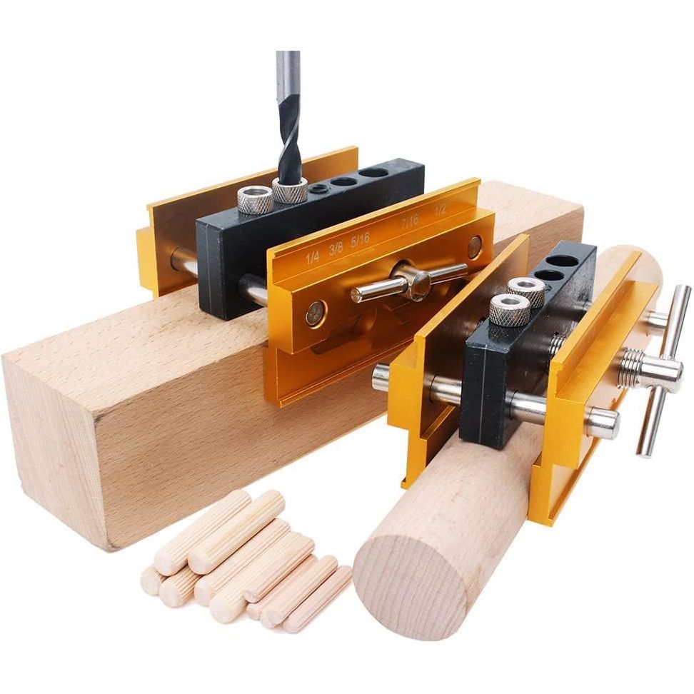 Self Centering Doweling Jig Kit - Adjustable Width Dowel Jig Kit for Straight Holes, Biscuit Joiner Set, 6 Bushings, 3 Size Drill Bits - Woodworking Precision Tool - Just Closeouts Canada Inc.