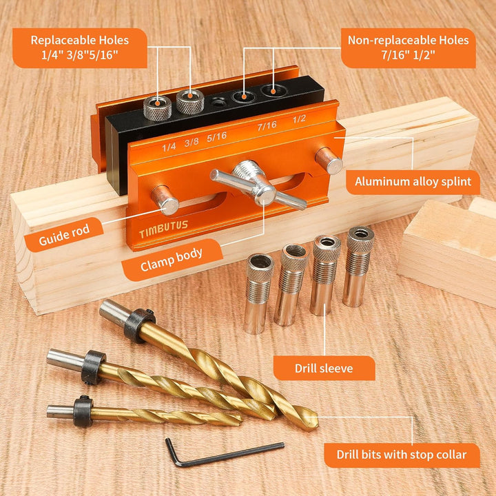 Self Centering Doweling Jig Kit - Adjustable Width Dowel Jig Kit for Straight Holes, Biscuit Joiner Set, 6 Bushings, 3 Size Drill Bits - Woodworking Precision Tool - Just Closeouts Canada Inc.