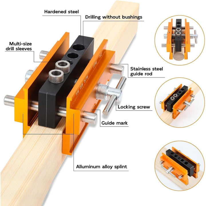 Self Centering Doweling Jig Kit - Adjustable Width Dowel Jig Kit for Straight Holes, Biscuit Joiner Set, 6 Bushings, 3 Size Drill Bits - Woodworking Precision Tool - Just Closeouts Canada Inc.