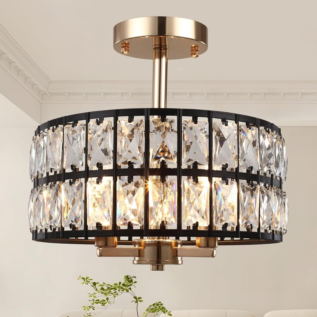 Semi Flush Mount Ceiling Light Chandelier, Modern Black Gold Drum Shade Crystal Chandelier 3 Light Round Close to Ceiling Light Fixture for Dining Room Bedroom Living Room Kitchen Hallway - Just Closeouts Canada Inc.
