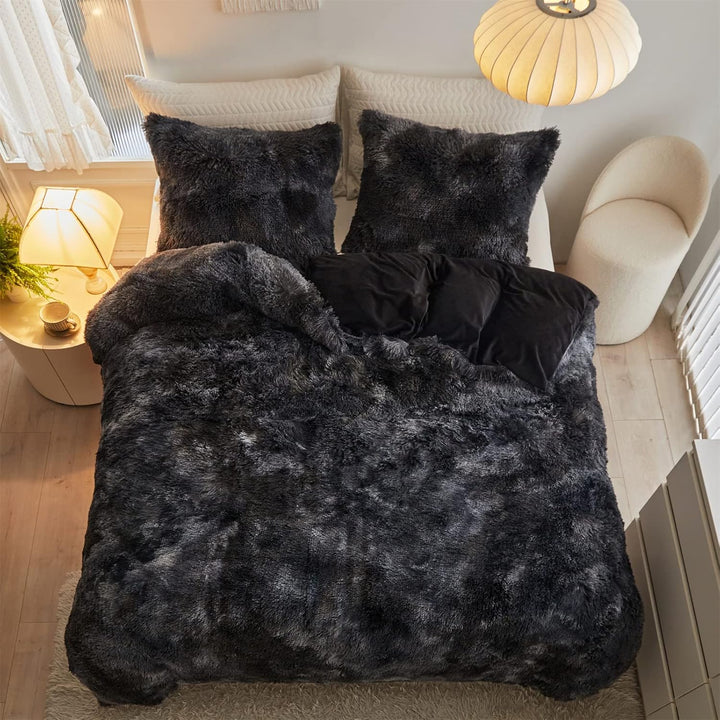 Shaggy Plush Duvet Cover Set Super Soft Fluffy Faux Fur Comforter Cover Set Luxury Fuzzy Bedding Set 3 Piece(1Duvet Cover+2Pillowcases) with Zipper Clusure(Black Ombre,Queen Size) - Just Closeouts Canada Inc.