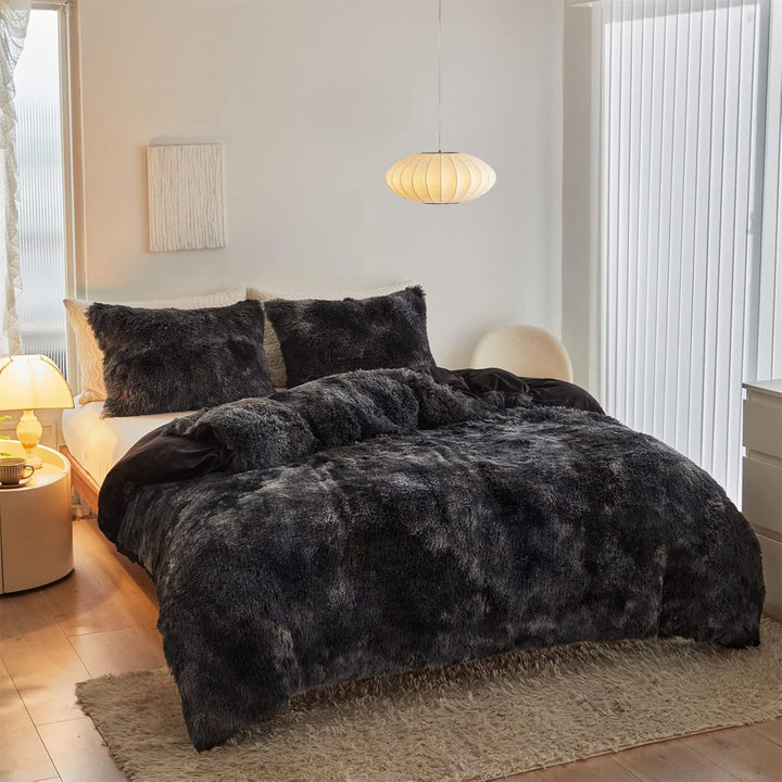 Shaggy Plush Duvet Cover Set Super Soft Fluffy Faux Fur Comforter Cover Set Luxury Fuzzy Bedding Set 3 Piece(1Duvet Cover+2Pillowcases) with Zipper Clusure(Black Ombre,Queen Size) - Just Closeouts Canada Inc.